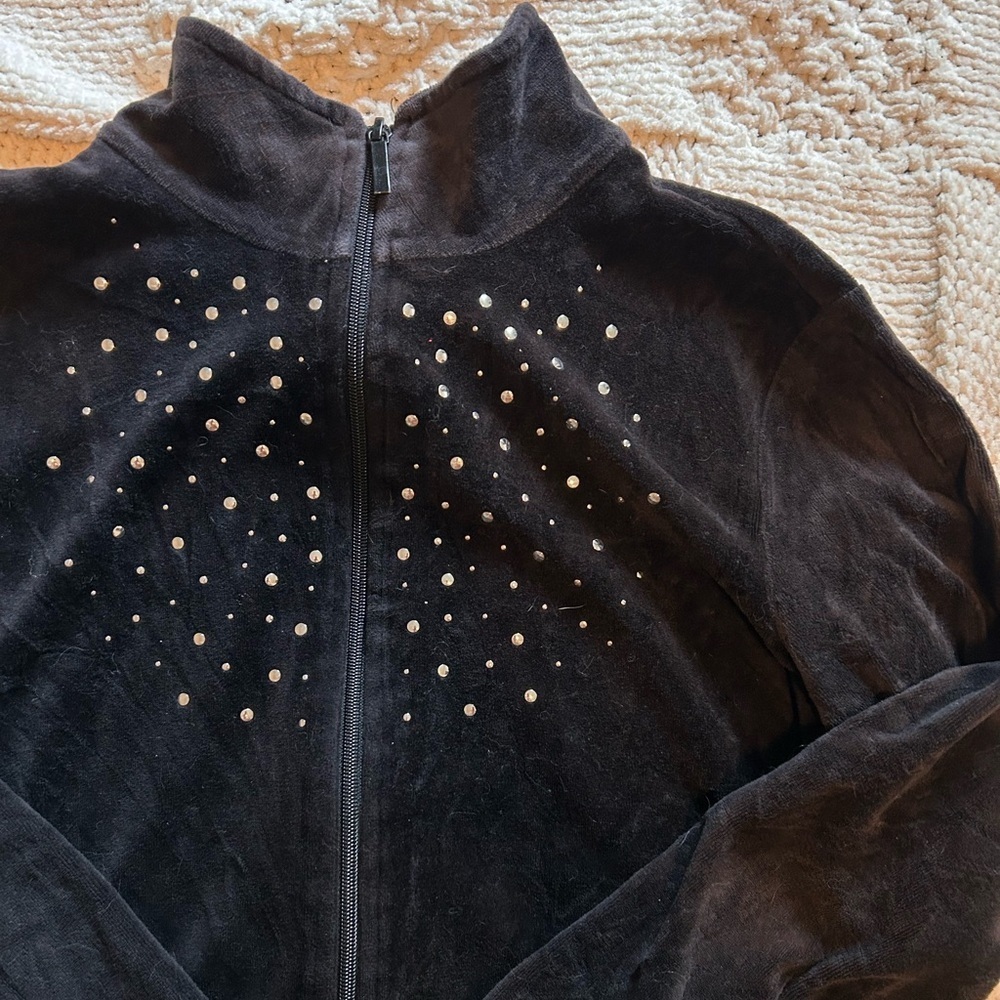 Basic Editions Black Rhinestone Velour Zip Up Jacket - Picture 2 of 5